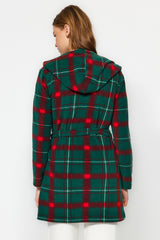 Green Plaid Pattern Hooded Fleece Knitted Dressing Gown Thmaw24sb00020