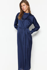 Navy Blue Waist Ruffle Satin Evening Dress Tctss23db00043