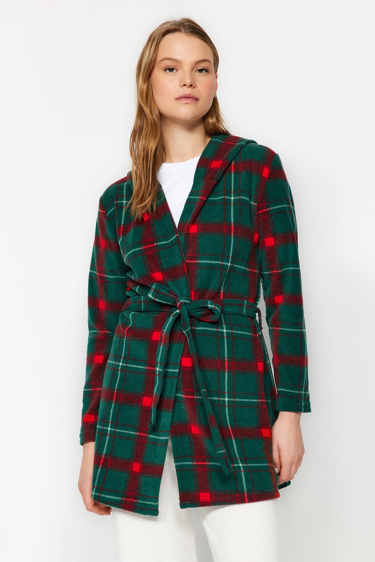 Green Plaid Pattern Hooded Fleece Knitted Dressing Gown Thmaw24sb00020