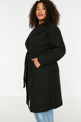 Black Belted Wide Collar Oversize Cashmere Coat Tbbaw23kb00001