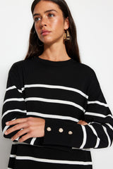 Black Sleeves Button Detailed Striped Knitwear Dress Tctaw24eb00002