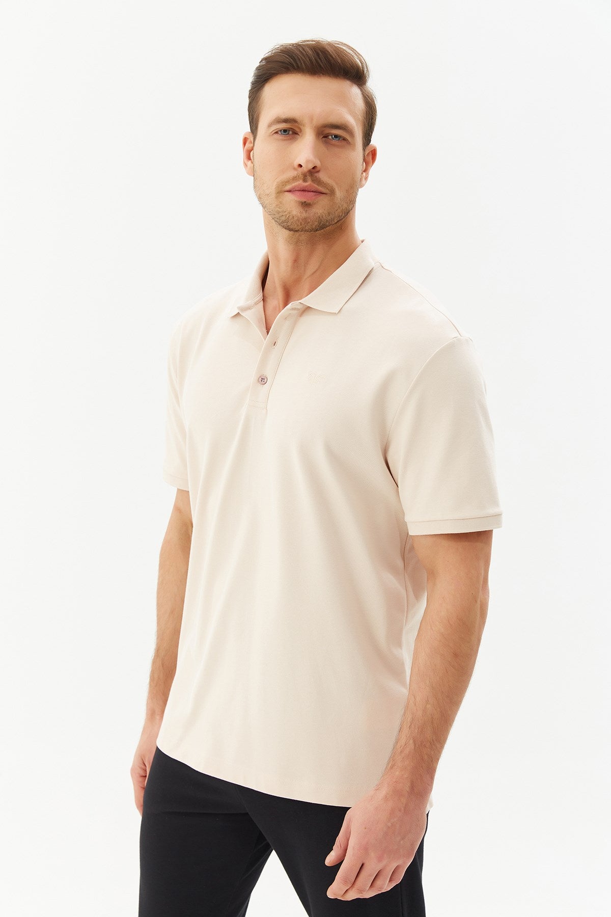 Men's Cream Basic Cotton Solid Color Short Sleeve Sports And Casual Polo Neck T-shirt 8982 Tb20ml07s