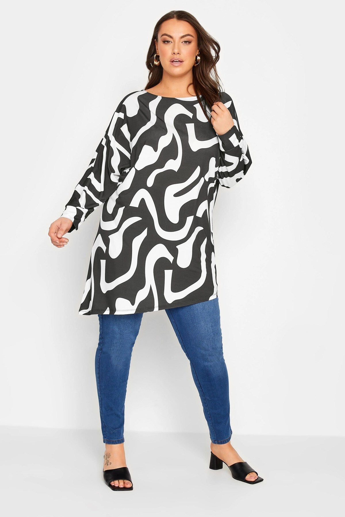 Plus Size Patterned Asymmetric Cut Boater Collar Long Sleeve Blouse 302058 3020-x