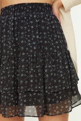 Black Lined Ruffled Chiffon Floral Pattern Mini Woven Skirt Twoaw21et0410