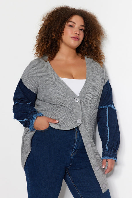 Grey Melange Sleeves Denim Detailed Knitwear Cardigan Tbbaw24av00031