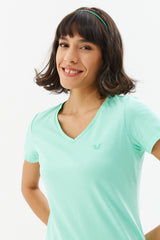 Women's Turquoise V Neck Basic 100% Cotton Casual And Sports Solid Color Short Sleeve T-shirt 8087 T