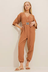 Women's Taba Double-breasted Collar Waist Belted Linen Jumpsuit Alc-x10443