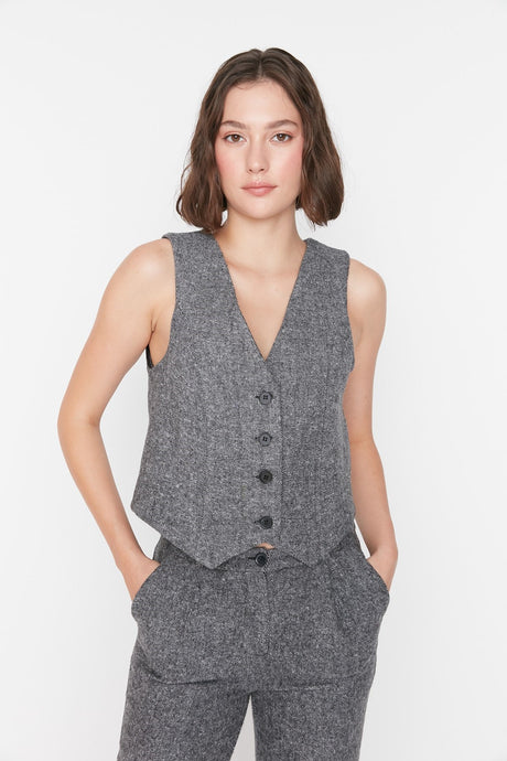 Anthracite Fitted Buttoned Woven Vest Twoaw23ye00020