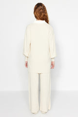 Light Beige Color Block Ribbed Cardigan-pants Knitwear Bottom-top Suit Tctaw24us00090