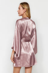 Black Belted Satin Woven Dressing Gown Thmaw23sb00011