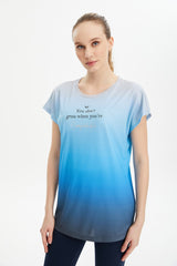 Women's Blue Quick Drying Lightweight Workout Low Sleeve Loose Back Long Printed Sports T-shirt 0686