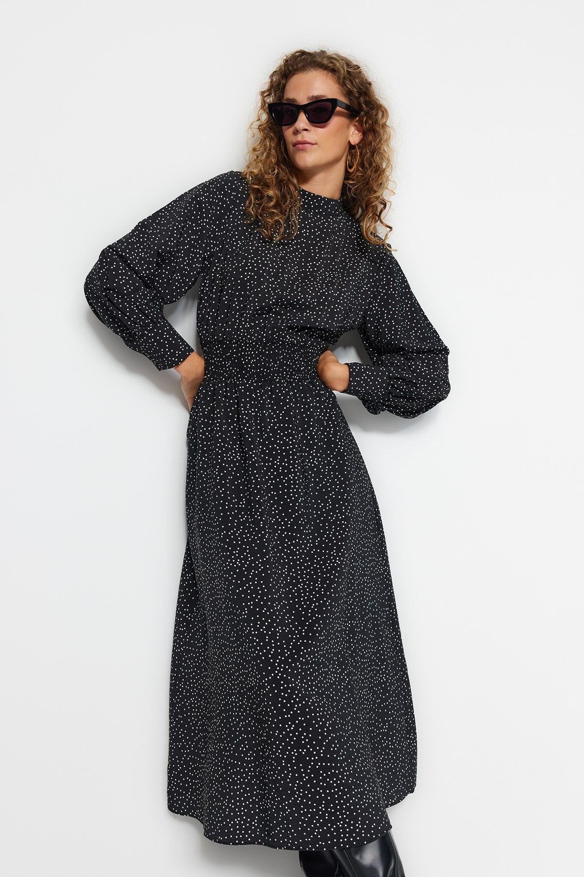 Black Polka Dot Waist Gipe Detailed Woven Dress Tctaw24eb00098