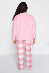 Pink Embroidery Detailed Plaid/checkered Fleece Knitted Sleepwear Set Tbbaw24ai00015