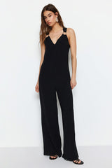 Black Woven V Neck Accessory Detailed Long Jumpsuit Twoss23tu00184