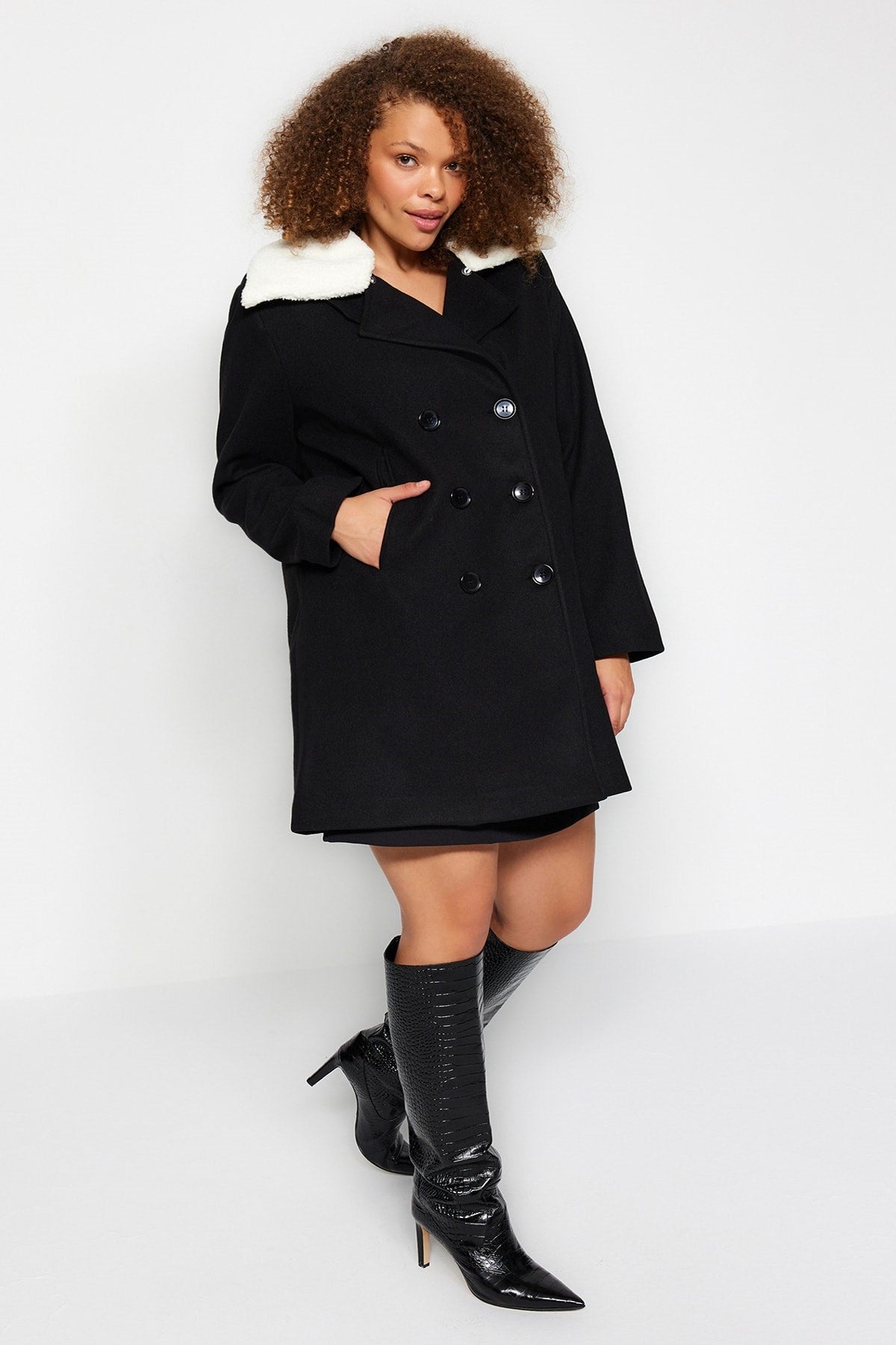 Black Fur Collar Cashmere Coat Tbbaw24dd00009