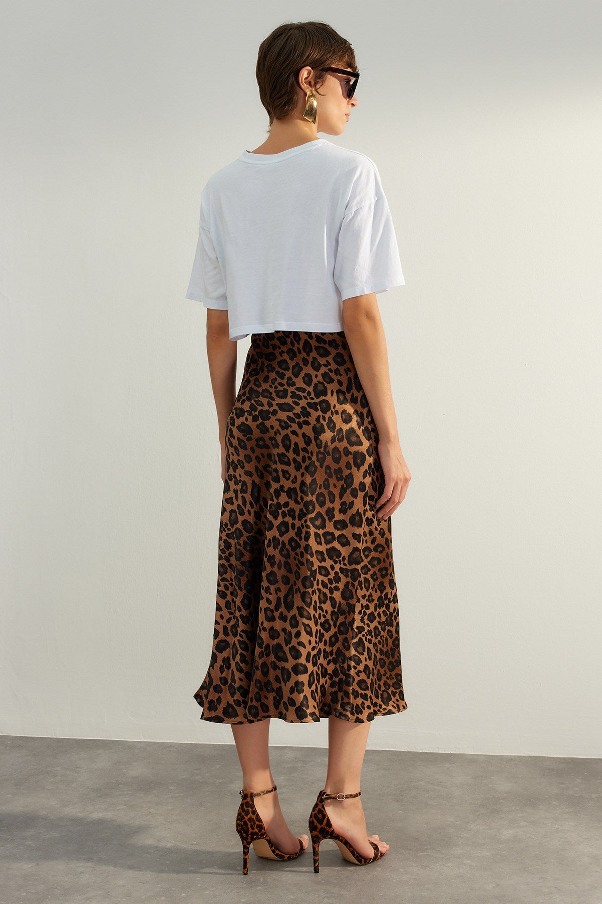 Brown Premium High Quality Animal Print Satin Midi Woven Skirt Twoaw24et00140