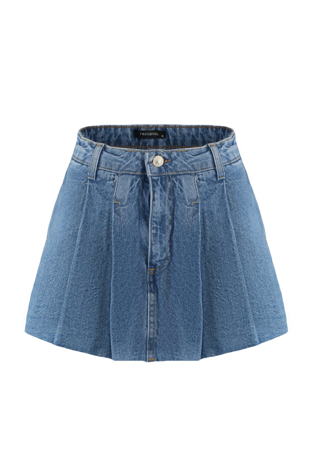 Blue Pleated Regular Waist Denim Shorts Skirt Twoss22sr00163