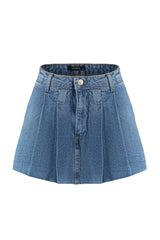 Blue Pleated Regular Waist Denim Shorts Skirt Twoss22sr00163