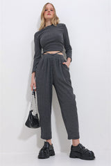 Women's Anthracite High Waist Double Pockets Crinkle Pants Alc-x11412