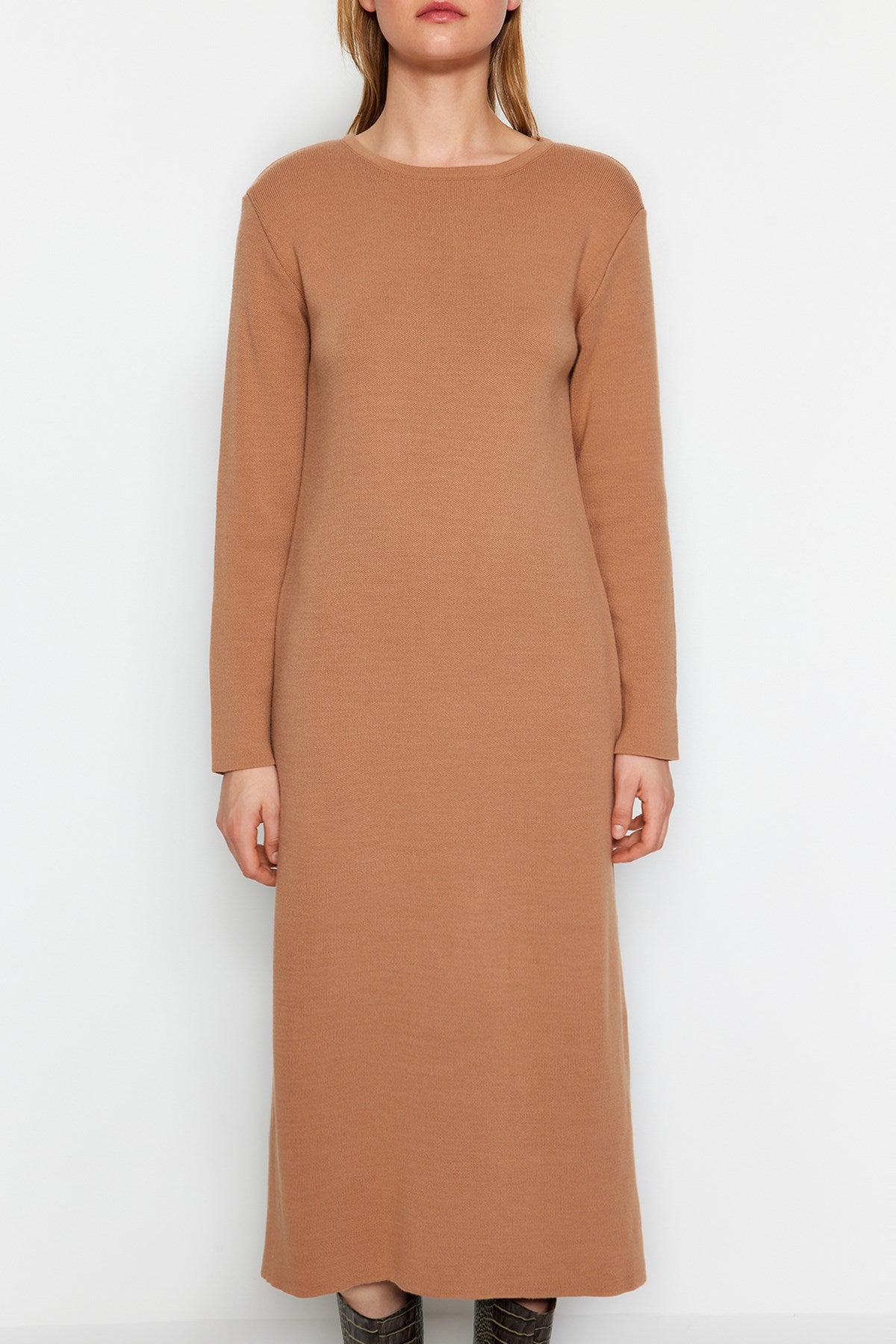 Beige Plain Knitwear Dress Tctaw24eb00131