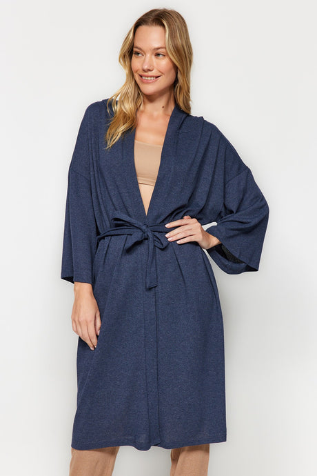 Navy Blue Hooded Detailed Pique Wide Pattern Knitted Dressing Gown Thmaw24sb00018