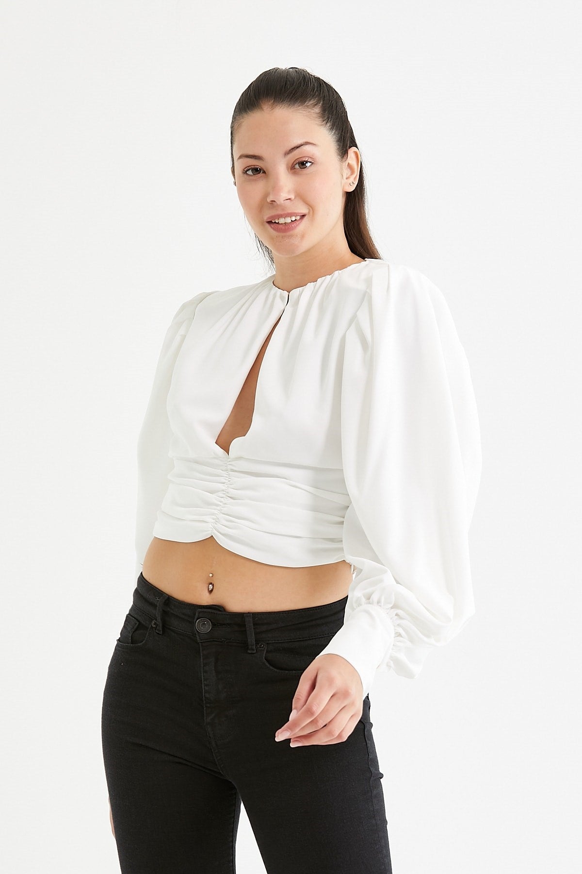 Women's White Chest And Waist Ruffle Detailed Crop Blouse Lgoz140rlx