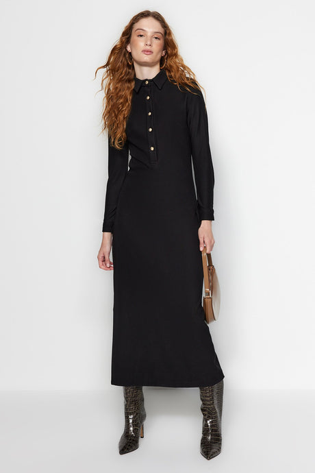 Black Gold Button Detailed Knitted Dress Tctaw24eb00108