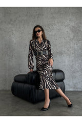 Zebra Pattern Belted Satin Dress 3150