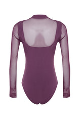 Purple Fitted/body-fitting Tulle Detailed Long Sleeve Stand-up Collar Flexible Snaps Knitted Bodysui