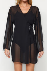 Black Lacing Detailed Chiffon Woven Dressing Gown Thmaw24sb00007