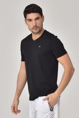 Black Men's V Neck 100% Cotton Short Sleeve Slim Fit Solid Color Casual Sports T-shirt 8898 Tb20ml07