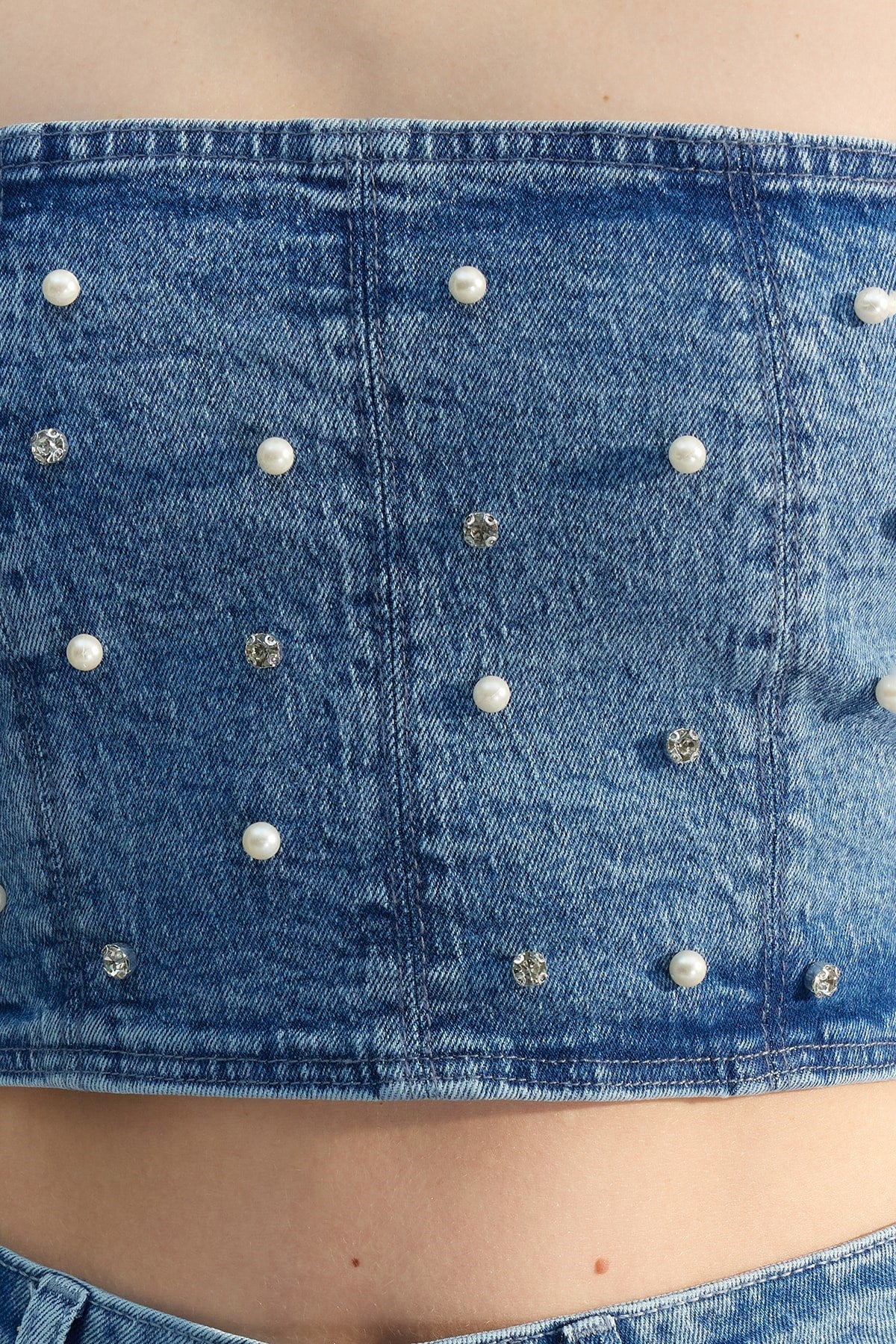 Limited Edition Blue Pearl Detailed Denim Bustier Twoss23bs00018