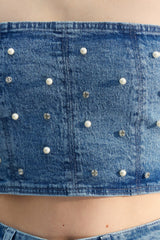 Limited Edition Blue Pearl Detailed Denim Bustier Twoss23bs00018