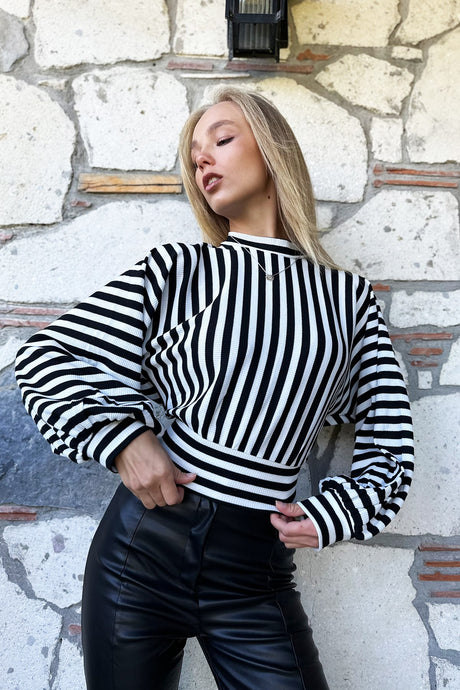 Women's Black White Solid Collar Balloon Sleeve Striped Blouse Alc-x10934