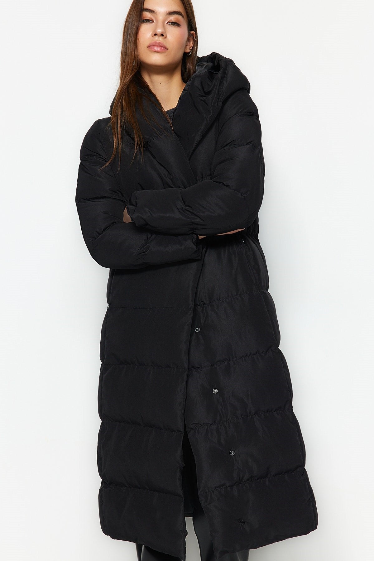 Black Oversize Side Snap Closure Water Repellent Long Quilted Inflatable Coat Twoaw24mo00044