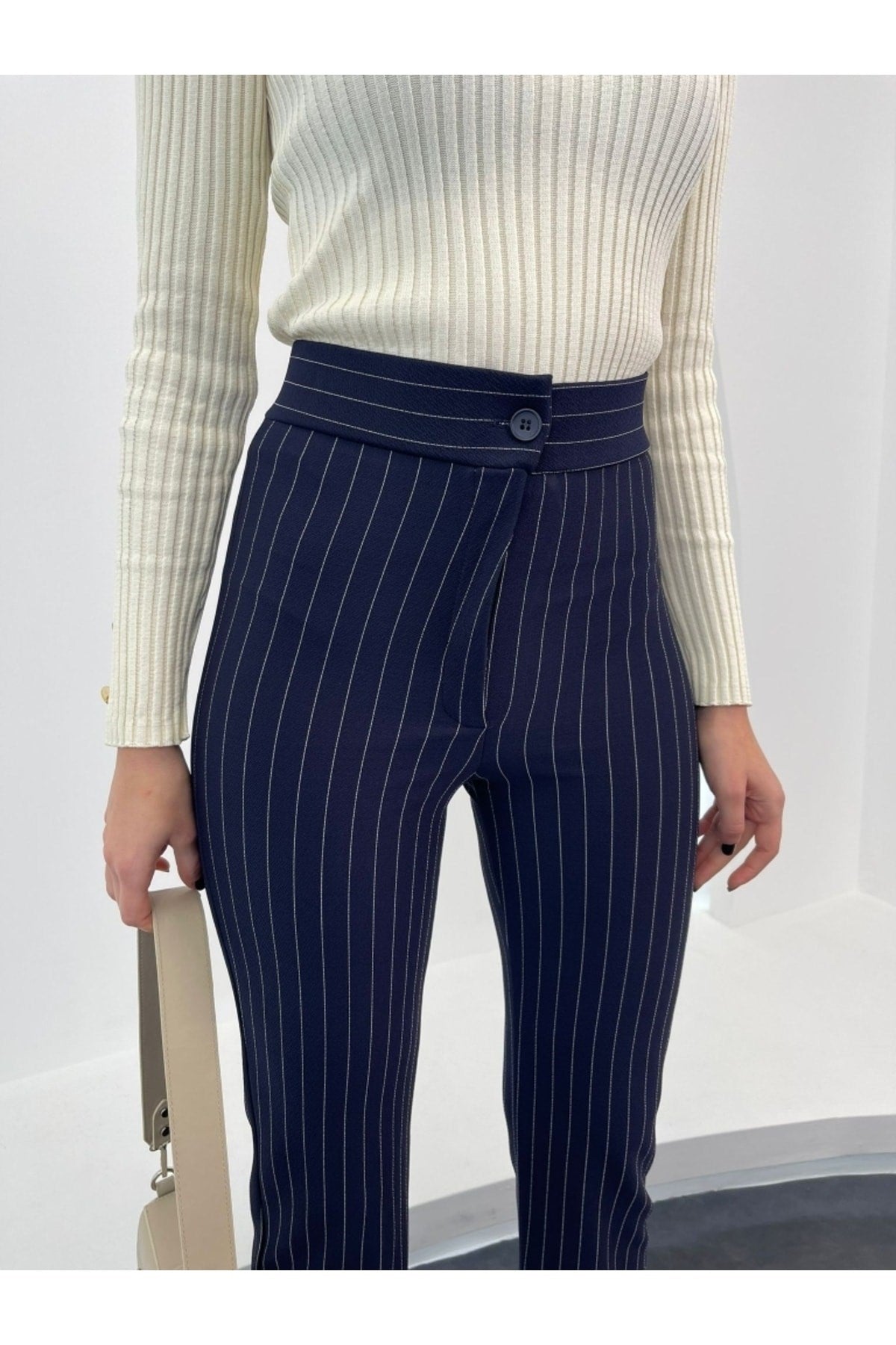 Navy Ribbed Palazzo Pants 3963