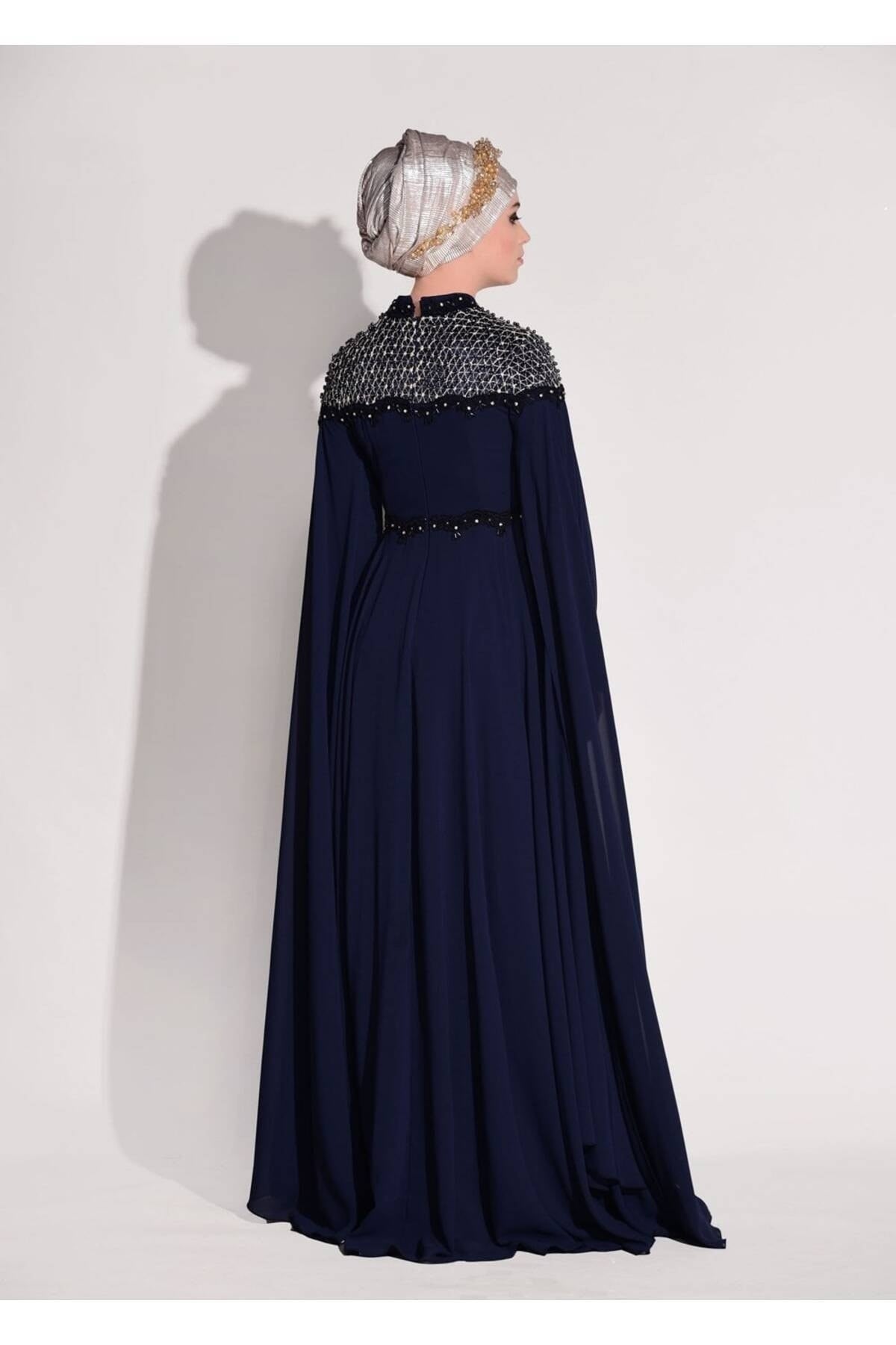 Women's Navy Blue Dominant Collar Beading Embroidered Chiffon Evening Dress 3208 18yabltr3208