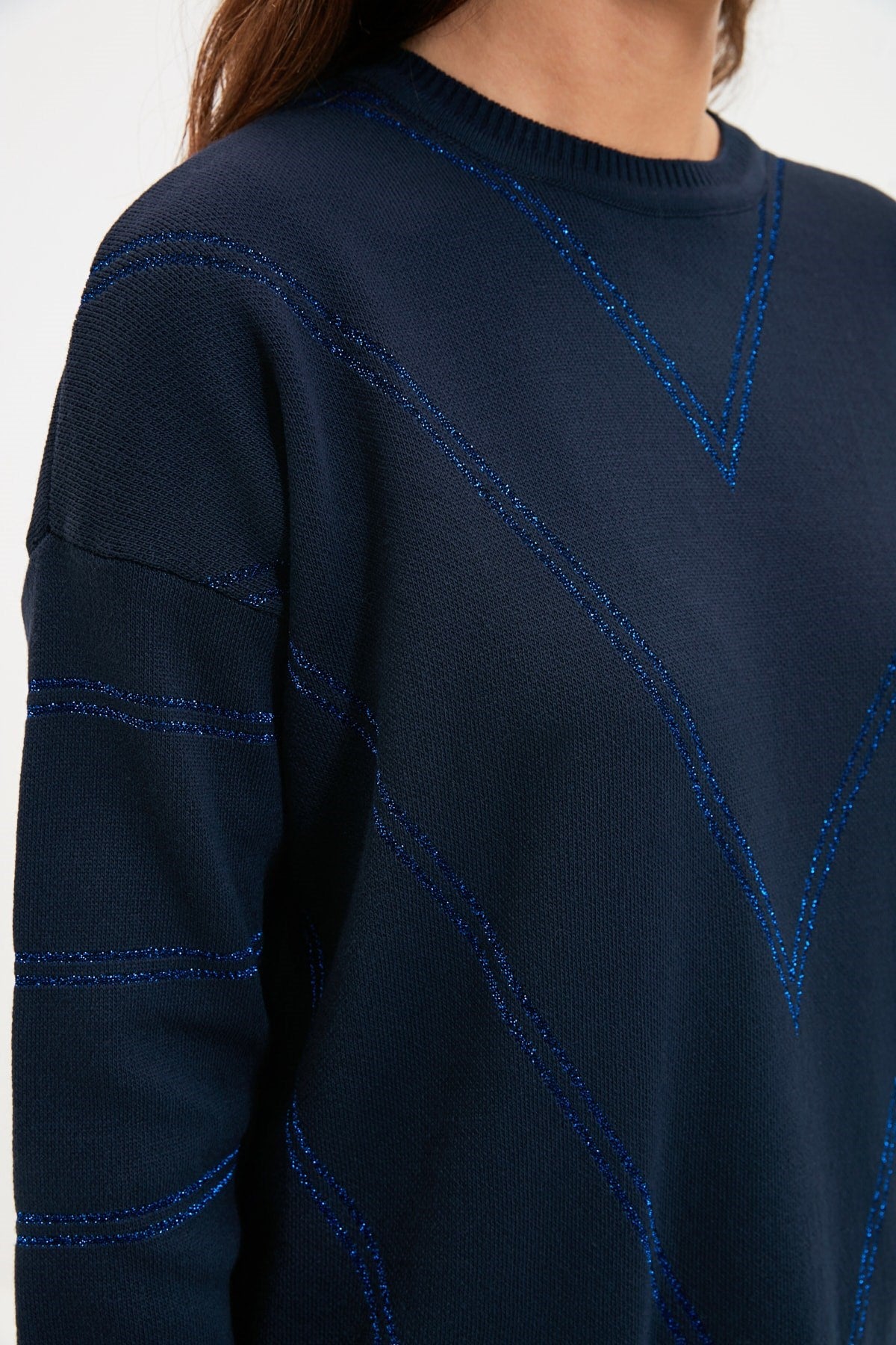 Navy Blue Silvery Long Knitwear Sweater Tctaw22ak0129