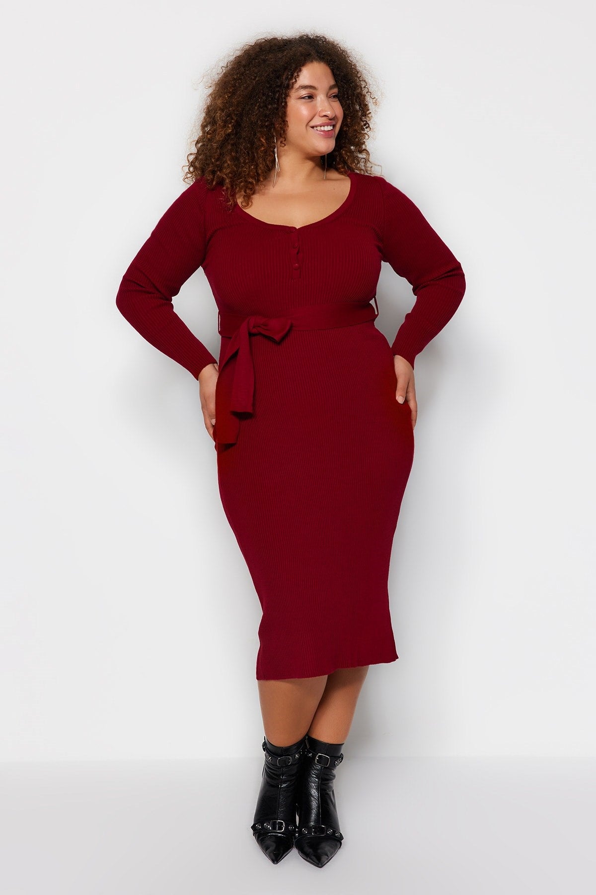 Burgundy Tie Waist Detailed Buttoned Knitwear Dress Tbbaw24ah00003