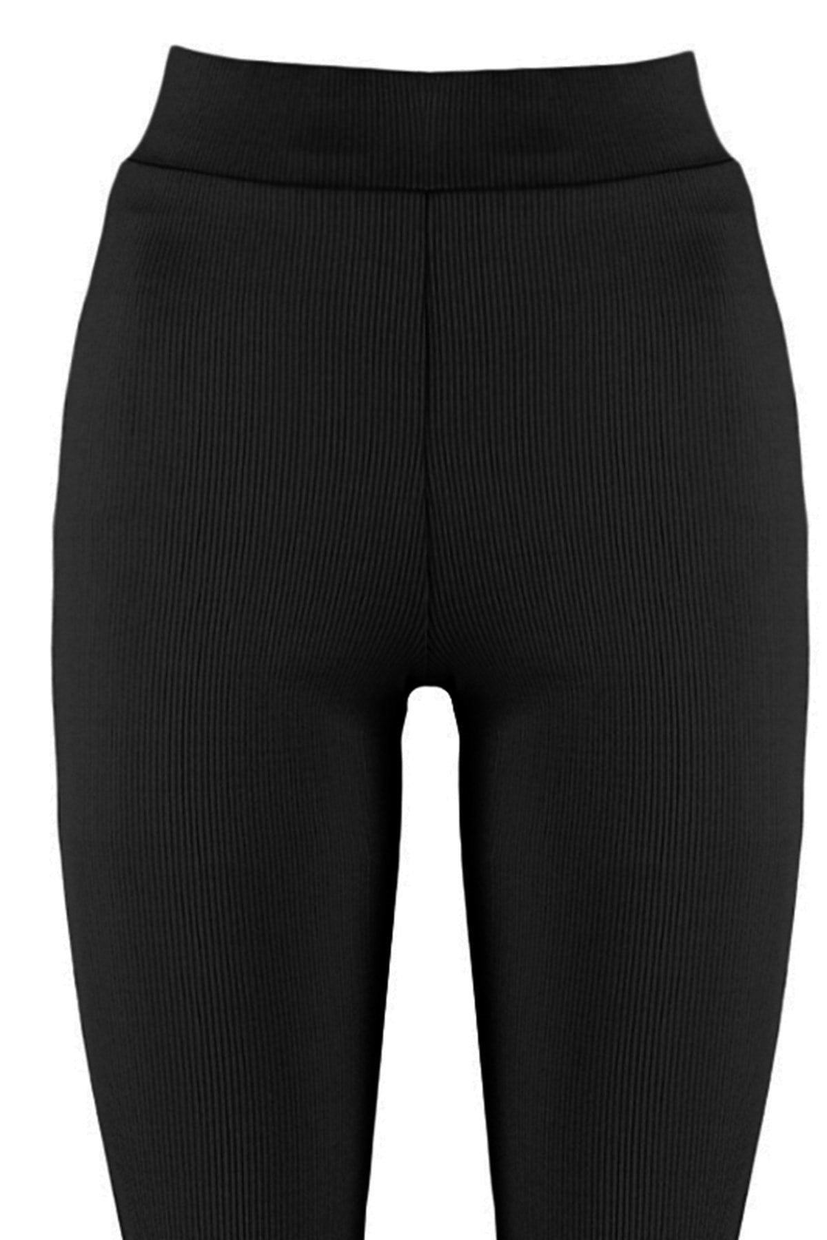 Black Ribbed Flare/spanish Leg High Waist Flexible Knitted Leggings Pants Twoss23pl00135