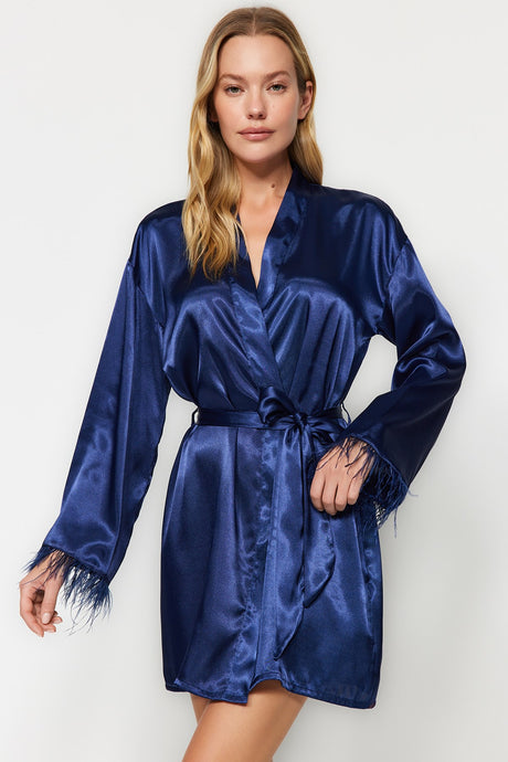 Navy Blue Striped Detailed Wide Pattern Satin Woven Dressing Gown Thmaw24sb00009