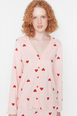 Pink Heart Printed Knitted Pajama Set Thmaw21pt0548