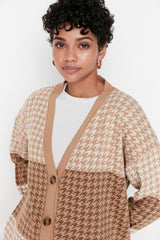 Camel Jumper Patterned V-neck Knitwear Cardigan Tctaw23hi00002