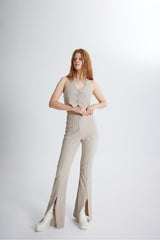 Front Slit Striped High Waist Algo Pants Beige Hlfw24-00012