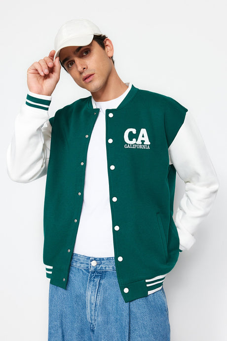 Green Men's Oversize Fit Slouched Embroidered Lapel Themed Bomber Cardigan Tmnaw24hi00007