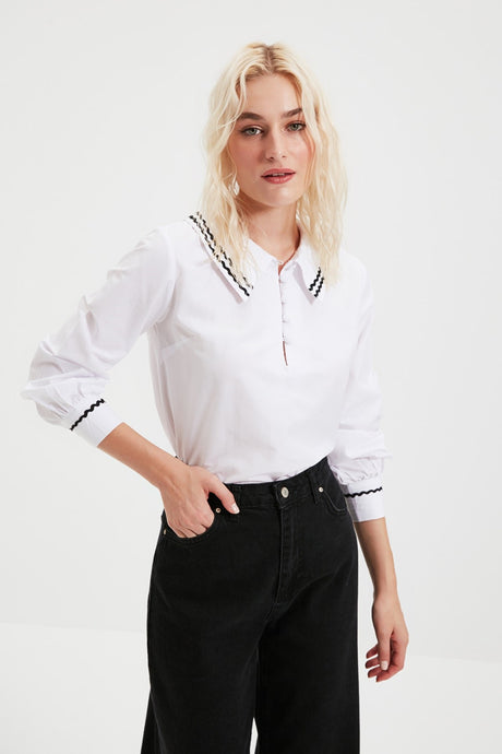 White Woven Collar Detailed Blouse Twoss20bz0036