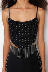 Black Crop Lined Knitted Shiny Stone Bustier Tprss23bs00109