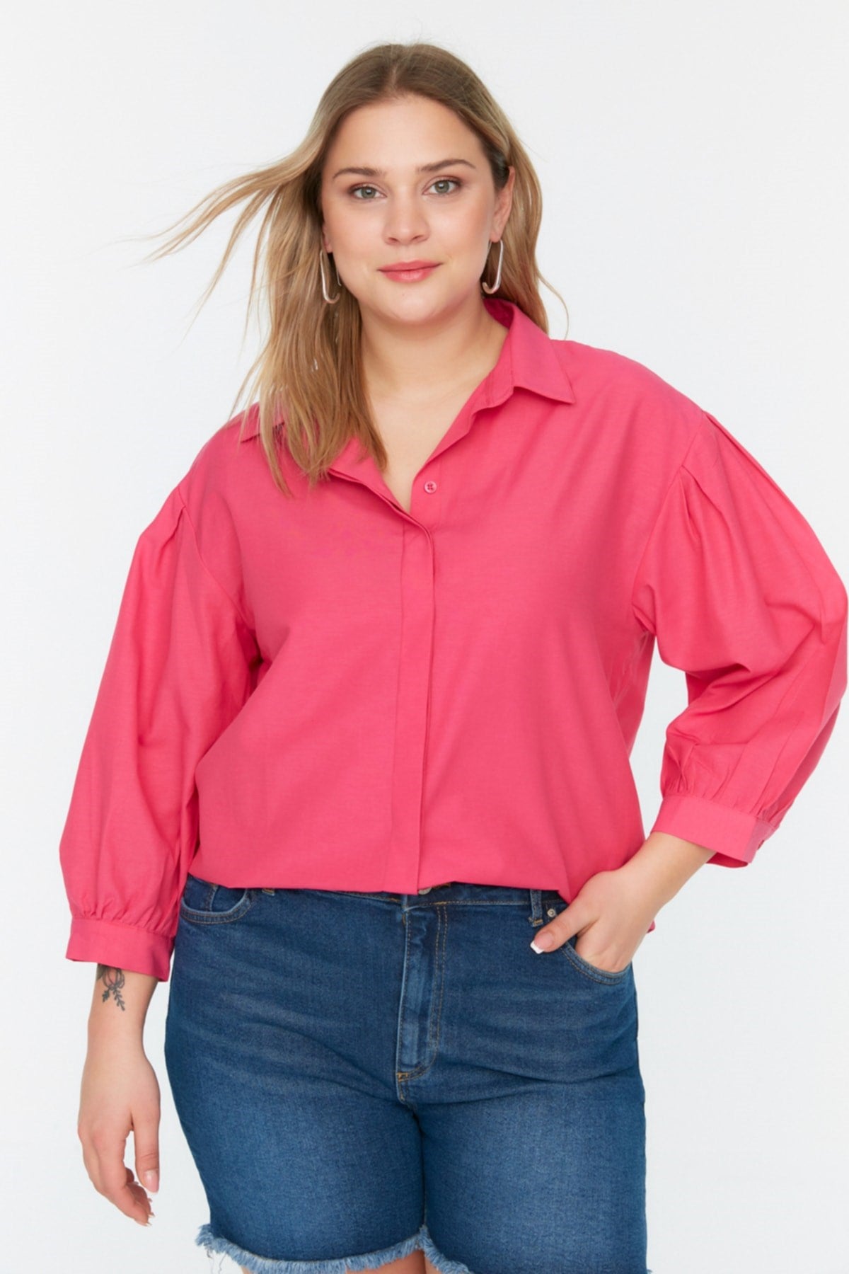 Fuchsia Woven Sleeve Detailed Poplin Shirt Tbbss22go0614