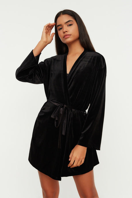 Black Soft Feel Velvet Knitted Dressing Gown Thmaw22km0022