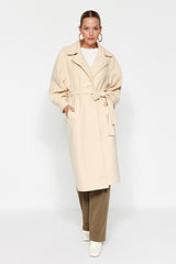 Ecru Oversize Wide Cut Belted Balloon Sleeve Detailed Long Cashmere Coat Twoaw24kb00173